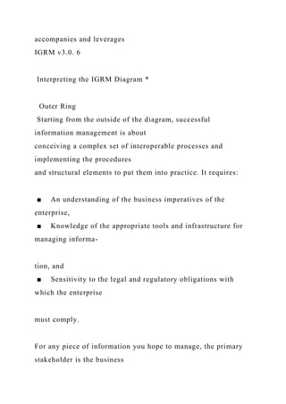 accompanies and leverages
IGRM v3.0. 6
Interpreting the IGRM Diagram *
Outer Ring
Starting from the outside of the diagram, successful
information management is about
conceiving a complex set of interoperable processes and
implementing the procedures
and structural elements to put them into practice. It requires:
■ An understanding of the business imperatives of the
enterprise,
■ Knowledge of the appropriate tools and infrastructure for
managing informa-
tion, and
■ Sensitivity to the legal and regulatory obligations with
which the enterprise
must comply.
For any piece of information you hope to manage, the primary
stakeholder is the business
 