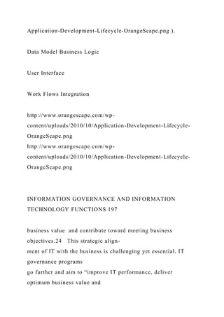 Application-Development-Lifecycle-OrangeScape.png ).
Data Model Business Logic
User Interface
Work Flows Integration
http://www.orangescape.com/wp-
content/uploads/2010/10/Application-Development-Lifecycle-
OrangeScape.png
http://www.orangescape.com/wp-
content/uploads/2010/10/Application-Development-Lifecycle-
OrangeScape.png
INFORMATION GOVERNANCE AND INFORMATION
TECHNOLOGY FUNCTIONS 197
business value and contribute toward meeting business
objectives.24 This strategic align-
ment of IT with the business is challenging yet essential. IT
governance programs
go further and aim to “improve IT performance, deliver
optimum business value and
 