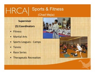 Supervisor 
(5) Coordinators
• Fitness
• Martial Arts
• Sports Leagues ‐ Camps
• Tennis 
• Race Series
• Therapeutic Recreation
Sports & Fitness
(Chad Mejia)
 