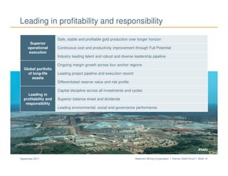 Newmont Mining Corporation I Denver Gold Forum I Slide 14September 2017
Leading in profitability and responsibility
Superior
operational
execution
Safe, stable and profitable gold production over longer horizon
Continuous cost and productivity improvement through Full Potential
Industry leading talent and robust and diverse leadership pipeline
Global portfolio
of long-life
assets
Ongoing margin growth across four anchor regions
Leading project pipeline and execution record
Differentiated reserve value and risk profile
Leading in
profitability and
responsibility
Capital discipline across all investments and cycles
Superior balance sheet and dividends
Leading environmental, social and governance performance
Ahafo
 