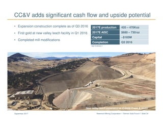 Newmont Mining Corporation I Denver Gold Forum I Slide 34September 2017
CC&V adds significant cash flow and upside potential
• Expansion construction complete as of Q3 2016
• First gold at new valley leach facility in Q1 2016
• Completed mill modifications
New valley leach expansion at Cripple Creek & Victor
2017E production 420 – 470Koz
2017E AISC $680 – 730/oz
Capital ~$185M
Completion Q3 2016
See Endnote 2
 