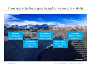 Newmont Mining Corporation I Denver Gold Forum I Slide 12September 2017
Investing in technologies based on value and viability
Sensors
B-Tag optimizes
productivity; fatigue
monitors boost safety
Automation
Remote operation
improves fleet safety,
efficiency
Virtual reality
Advances resource
modeling and mine
design
Advanced
process control
Reduces variability,
response time
Data analytics
Centralized asset
health monitoring
improves reliability
Twin Creeks
 