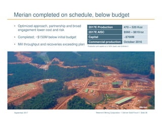 Newmont Mining Corporation I Denver Gold Forum I Slide 36September 2017
Merian completed on schedule, below budget
• Optimized approach, partnership and broad
engagement lower cost and risk
• Completed; ~$150M below initial budget
• Mill throughput and recoveries exceeding plan Production and capital on a 100% basis; see Endnote 2
2017E Production 470 – 520 Koz
2017E AISC $560 – $610/oz
Capital ~$700M
Commercial production October 2016
Merian
 