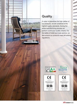 Quality
15
Changzhou Lingdian Wood Co., Ltd
No.25 Cuirong Road, Henglin Town,
Changzhou, Jiangsu, China
Vinyl flooring
14
Changzhou Lingdian Wood Co., Ltd
No.25 Cuirong Road, Henglin Town,
Changzhou, Jiangsu, China
WPC Vinyl flooring
5.5mm~8.5mm
In order to guarantee the high caliber of
our products, we set ourselves to the
highest quality standards. During the
entire manufacturing process we
perform continuous quality checks. For
the safety of retail and trade sectors, we
also ensure our products meet all building
regulations.
 