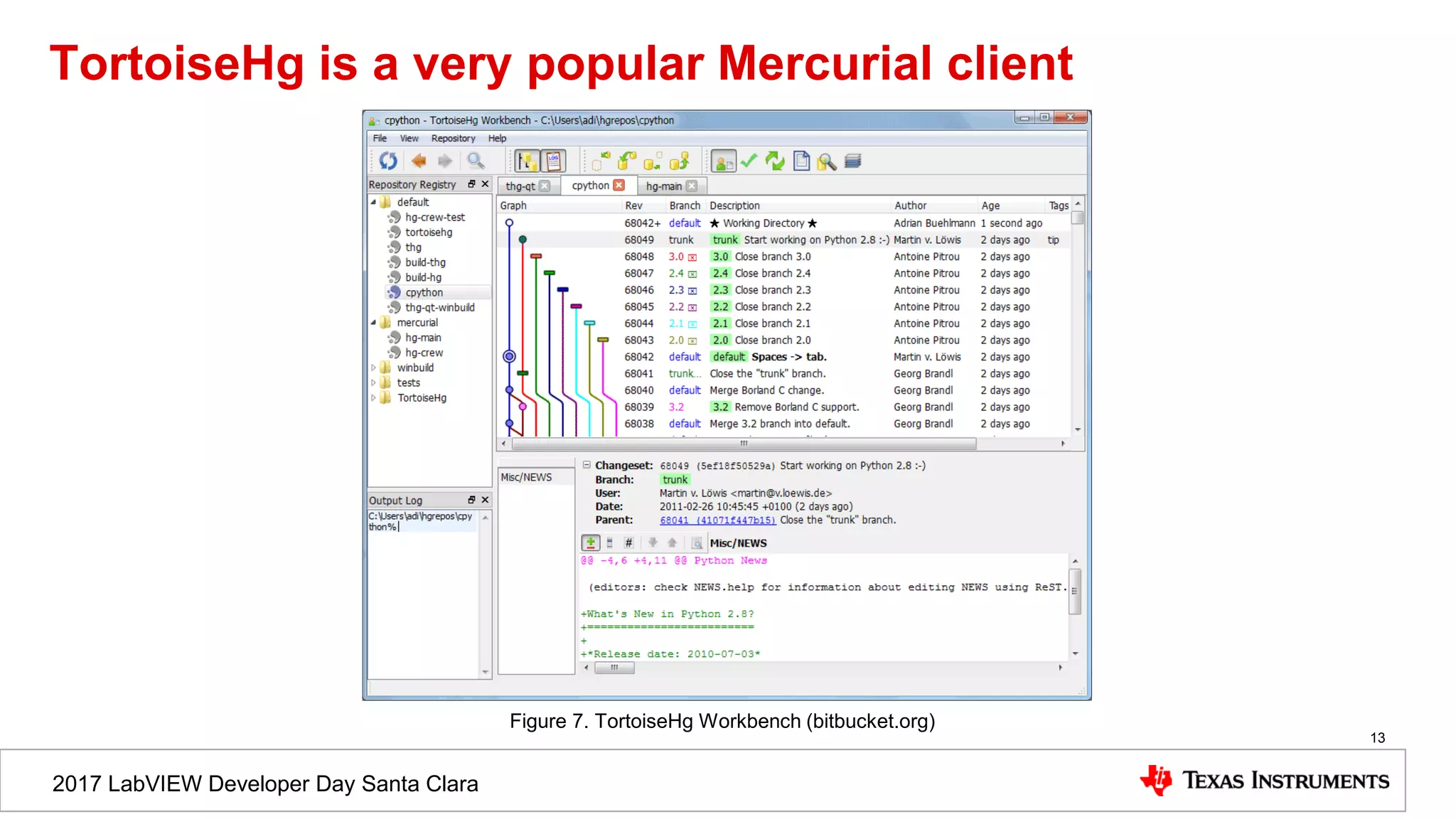 2017 LabVIEW Developer Day Santa Clara
TortoiseHg is a very popular Mercurial client
13
Figure 7. TortoiseHg Workbench (bitbucket.org)
 