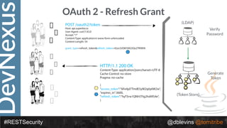 DevNexus
#RESTSecurity @dblevins @tomitribe
OAuth 2 - Refresh Grant
(LDAP)
(Token Store)
Verify
Password
Generate
Token
POST /oauth2/token
Host: api.superbiz.io
User-Agent: curl/7.43.0
Accept: */*
Content-Type: application/x-www-form-urlencoded
Content-Length: 54
grant_type=refresh_token&refresh_token=tGzv3JOkF0XG5Qx2TlKWIA
HTTP/1.1 200 OK
Content-Type: application/json;charset=UTF-8
Cache-Control: no-store
Pragma: no-cache
{
"access_token":"6Fe4jd7TmdE5yW2q0y6W2w",
"expires_in":3600,
"refresh_token":"hyT5rw1QNh5Ttg2hdtR54e",
}
 
