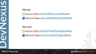 DevNexus
#RESTSecurity @dblevins @tomitribe
Old pair
• Access Token 2YotnFZFEjr1zCsicMWpAA
• Refresh Token tGzv3JOkF0XG5Qx2TlKWIA
New pair
• Access Token 6Fe4jd7TmdE5yW2q0y6W2w
• Refresh Token hyT5rw1QNh5Ttg2hdtR54e
 