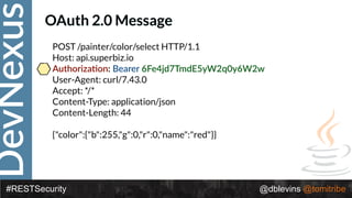 DevNexus
#RESTSecurity @dblevins @tomitribe
OAuth 2.0 Message
POST /painter/color/select HTTP/1.1 
Host: api.superbiz.io 
Authoriza>on: Bearer 6Fe4jd7TmdE5yW2q0y6W2w 
User-Agent: curl/7.43.0 
Accept: */* 
Content-Type: application/json 
Content-Length: 44 
 
{"color":{"b":255,"g":0,"r":0,"name":"red"}}
 