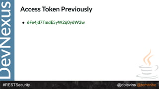 DevNexus
#RESTSecurity @dblevins @tomitribe
Access Token Previously
• 6Fe4jd7TmdE5yW2q0y6W2w
 