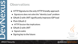 DevNexus
#RESTSecurity @dblevins @tomitribe
Observations
• HTTP Signatures the only HTTP friendly approach
• Signatures does not solve the “Identity Load” problem
• OAuth 2 with JWT significantly improves IDP load
• Plain OAuth 2
• HTTP Session-like implications
• OAuth 2 with JWT
• Signed cookie
• Signing key to the future
 