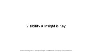 @saturnism @jbaruch @jfrog @googlecloud #devoxx2017 jfrog.com/shownotes
Visibility & Insight is Key
 