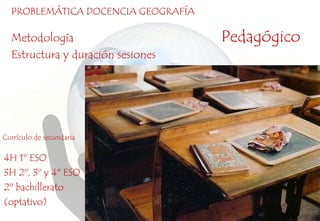Metodología
Estructura y duración sesiones
4H 1º ESO
3H 2º, 3º y 4º ESO
2º bachillerato
(optativo)
PROBLEMÁTICA DOCENCIA GEOGRAFÍA
Pedagógico
Currículo de secundaria
 