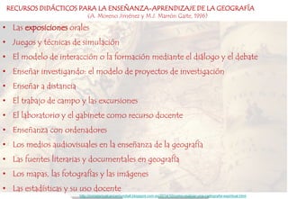 • Las exposiciones orales
• Juegos y técnicas de simulación
• El modelo de interacción o la formación mediante el diálogo y el debate
• Enseñar investigando: el modelo de proyectos de investigación
• Enseñar a distancia
• El trabajo de campo y las excursiones
• El laboratorio y el gabinete como recurso docente
• Enseñanza con ordenadores
• Los medios audiovisuales en la enseñanza de la geografía
• Las fuentes literarias y documentales en geografía
• Los mapas, las fotografías y las imágenes
• Las estadísticas y su uso docente
RECURSOS DIDÁCTICOS PARA LA ENSEÑANZA-APRENDIZAJE DE LA GEOGRAFÍA
(A. Moreno Jiménez y M.J. Marrón Gaite, 1996)
http://ministerioalcancemundiall.blogspot.com.es/2014/10/como-realizar-una-cartografia-espiritual.html
 