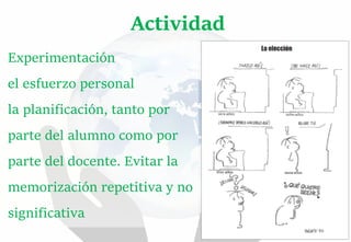 Experimentación
el esfuerzo personal
la planificación, tanto por
parte del alumno como por
parte del docente. Evitar la
memorización repetitiva y no
significativa
Actividad
 