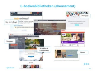 E-boekenbibliotheken (abonnement)
60
digitaallezen.be
…
Nog niet in België
Stopgezet
Stopgezet
E-boeken &
luisterboeken
Nieuw!
 