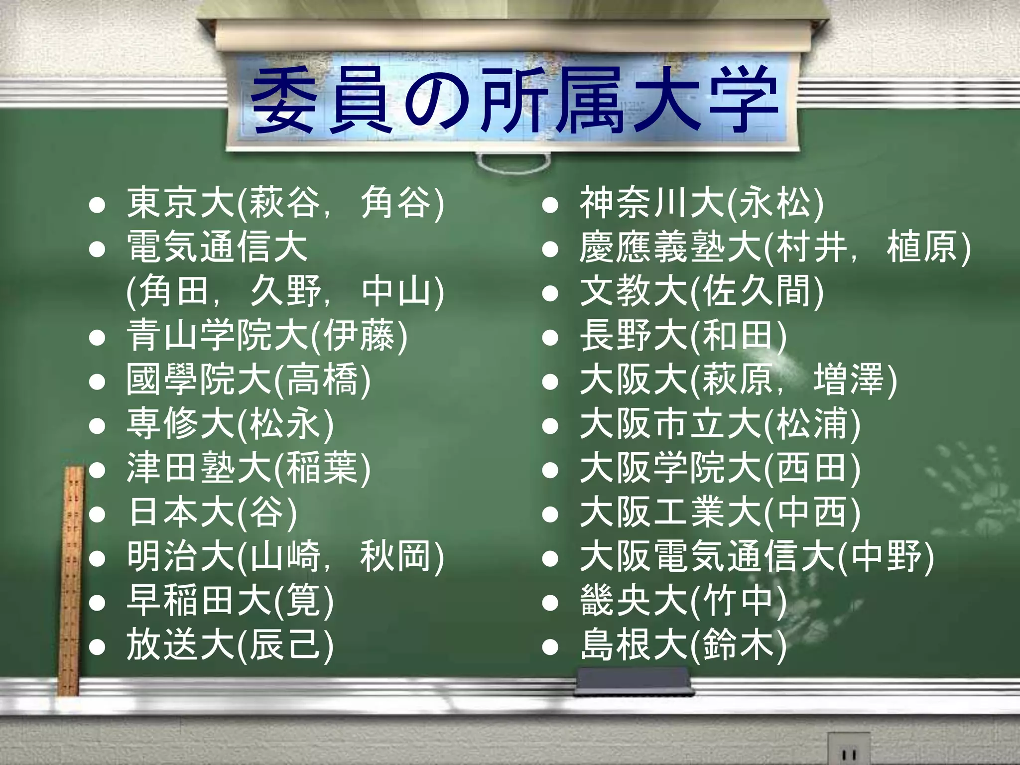 委員の所属大学
 東京大(萩谷，角谷)
 電気通信大
(角田，久野，中山)
 青山学院大(伊藤)
 國學院大(高橋)
 専修大(松永)
 津田塾大(稲葉)
 日本大(谷)
 明治大(山崎，秋岡)
 早稲田大(筧)
 放送大(辰己)
 神奈川大(永松)
 慶應義塾大(村井，植原)
 文教大(佐久間)
 長野大(和田)
 大阪大(萩原，増澤)
 大阪市立大(松浦)
 大阪学院大(西田)
 大阪工業大(中西)
 大阪電気通信大(中野)
 畿央大(竹中)
 島根大(鈴木)
 