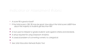 Indicator or Assessment Rubric
§ A score 90 is good or bad?
§ If the total score is 100, 90 may be good. How about the total score is 600? How
about the majority of students get less than 90?

 A tool used to interpret or grade students' work against criteria and standards.
 A setup required for using Classroom Analytics
 A classical problem of converting numeric to categorical. 

v See: Utah Education Network Rubric Tool
16
 