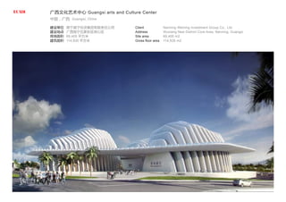建设单位
建设地点
用地面积
建筑面积
南宁威宁投资集团有限责任公司
广西南宁五象新区核心区
69,405 平方米
114,835 平方米
Client
Address
Site area
Gross floor area
Nanning Weining Investment Group Co., Ltd.
Wuxiang New District Core Area, Nanning, Guangxi
69,405 m2
114,835 m2
广西文化艺术中心 Guangxi arts and Culture Center
中国，广西 Guangxi, China
 