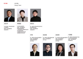 设计团队
Design Team
刘欣华
华东总院第一事业部总经理
主任建筑师
国家一级注册建筑师
高级建筑师
邵坚贞
第一建筑设计事业部党支部书记
事业部副总经理
国家一级注册建筑师
高级建筑师
邵亚君
第一建筑设计事业部副总建筑师
国家一级注册建筑师
教授级高级建筑师
设计总监
乔伟
第一建筑设计事业部总建筑师
国家一级注册建筑师
教授级高级建筑师
设计总监
张如翔
第一建筑设计事业部副总经理
国家一级注册建筑师
设计总监
傅海聪
华东总院总建筑师
国家一级注册建筑师
教授级高级建筑师
上海市建设和交通委员会科学
技术委员会委员
中国建筑学会资深会员
香港建筑师学会会员
亢智毅
第一建筑设计事业部设计总监
华东总院总建筑师助理
国家一级注册建筑师
高级建筑师
 