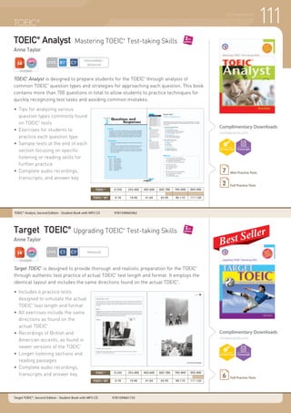 TEST PREPARATION
Target TOEIC
®
is designed to provide thorough and realistic preparation for the TOEIC
®
through authentic test practice of actual TOEIC
®
test length and format. It employs the
identical layout and includes the same directions found on the actual TOEIC
®
.
•	 Includes 6 practice tests 	
	 designed to simulate the actual
	 TOEIC
®
test length and format
•	 All exercises include the same
	 directions as found on the
	actual TOEIC
®
•	 Recordings of British and
	 American accents, as found in
	 newer versions of the TOEIC
®
•	 Longer listening sections and
	 reading passages
•	 Complete audio recordings,
	 transcripts and answer key
TOEIC®
Analyst Mastering TOEIC®
Test-taking Skills
Anne Taylor
Target TOEIC®
Upgrading TOEIC®
Test-taking Skills
Anne Taylor
TOEIC
®
Analyst is designed to prepare students for the TOEIC
®
through analysis of
common TOEIC
®
question types and strategies for approaching each question. This book
contains more than 700 questions in total to allow students to practice techniques for
quickly recognizing test tasks and avoiding common mistakes.
•	 Tips for analyzing various
	 question types commonly found
	on TOEIC
®
tests
•	 Exercises for students to
	 practice each question type
•	 Sample tests at the end of each
	 section focusing on specific
	 listening or reading skills for
	 further practice
•	 Complete audio recordings,
	 transcripts, and answer key
Complimentary Downloads
compasspub.com
Complimentary Downloads
compasspub.com
TOEIC®
LEVEL
Intermediate~
Advanced
STUDENT
LEVEL Advanced
STUDENT
TOEIC® Analyst, Second Edition - Student Book with MP3 CD 9781599665962
Target TOEIC®, Second Edition - Student Book with MP3 CD 9781599661735
Mini Practice Tests7
Full Practice Tests2
Full Practice Tests6
TOEIC® 0-250 255-400 405-600 605-780 785-900 905-990
TOEFL®iBT 0-18 19-40 41-64 65-95 96-110 111-120
TOEIC® 0-250 255-400 405-600 605-780 785-900 905-990
TOEFL®iBT 0-18 19-40 41-64 65-95 96-110 111-120
111
 