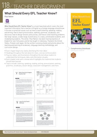 TEACHER DEVELOPMENT
Complimentary Downloads
compasspub.com/EFLTK
What Should Every EFL Teacher Know?
Paul Nation
What Should Every EFL Teacher Know? is a must-have book which covers the most
important information that a teacher of English as a foreign language should know.
It focuses on practical issues such as how to teach listening, speaking, reading,
and writing; how to teach pronunciation, spelling, grammar, vocabulary, and
discourse; how to design lessons and courses; and how to solve teaching problems
like large classes, a wide range of proficiency in a class, unmotivated students, and
misbehaving students. The writer, Paul Nation, has been training teachers of
English for over forty years and he has taught in Indonesia, Thailand, the United
States, Finland, and Japan. He has written numerous books and articles about the
teaching and learning of vocabulary, language teaching methodology, and
curriculum design.
•	 Each chapter begins by clearly identifying the main ideas
•	 Headings throughout the text allow for clean, concise communication
•	 Figures, tables, and illustrations throughout the text allow readers to
	 understand the techniques, data, and information visually
•	 Each chapter ends with a review which highlights the material that students
	 should have learned
•	 Topics include: listening, speaking, reading, writing, pronunciation, spelling,
	 grammar, vocabulary, lesson design, classroom management, and more
What Should Every EFL Teacher Know? - Teacher Development Book 9781599662664
TEACHER
118
 