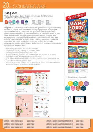 20 COURSEBOOKS
Hang Out!
Walton Burns, Laura-Claire Corson, Jon Edwards, David Harbinson,
Jake Murray, Alexandria Williams
Workbook
Complimentary Downloads
compasspub.com/hangout
LEVEL
Emergent~
Intermediate
STUDENT TEACHER STUDENT BOOK
Pages
Unit
10
Units
Book
9
WORKBOOK
Pages
Unit
8
ClassBooster
Hang Out! 1 - Student Book with MP3 CD 	 9781613528372
Hang Out! 2 - Student Book with MP3 CD 	 9781613528389
Hang Out! 3 - Student Book with MP3 CD 	 9781613528396
Hang Out! 4 - Student Book with MP3 CD 	 9781613528402
Hang Out! 5 - Student Book with MP3 CD 	 9781613528419
Hang Out! 6 - Student Book with MP3 CD 	 9781613528426
Hang Out! 1 - Workbook with Student Digital Materials CD	 9781613528433
Hang Out! 2 - Workbook with Student Digital Materials CD	 9781613528440
Hang Out! 3 - Workbook with Student Digital Materials CD	 9781613528457
Hang Out! 4 - Workbook with Student Digital Materials CD	 9781613528464
Hang Out! 5 - Workbook with Student Digital Materials CD	 9781613528471
Hang Out! 6 - Workbook with Student Digital Materials CD	 9781613528488
Hang Out! is a six-level coursebook series designed specifically for elementary
learners of English. This comprehensive language program is developed
around a CEFR-based curriculum, and gradually takes students from
producing simple phrases to complex sentences in a widening-range of topic
areas and situations. Through vivid illustrations, realistic readings, and
engaging comics, students follow a family of characters in their daily lives,
building their knowledge of high-frequency vocabulary, common grammar
structures, and useful expressions. Each unit of Hang Out! includes
conversations, stories, songs, chants, and activities to improve reading, writing,
listening, and speaking skills.
•	 Interesting characters and realistic contexts
•	Engaging activities covering all four skill areas
•	Systematic coverage of content from CEFR
•	Activity book and student’s app for extra practice in class or at home
•	Teacher’s edition with extensive classroom notes
•	Free downloadable worksheets to expand the lesson and provide practice
•	Classroom posters and flashcards
•	Interactive teaching CD with extra classroom activities, review worksheets
	 and tests, karaoke sing-alongs, and animations
 
