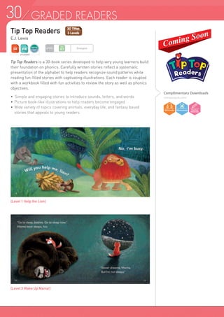 30 GRADED READERS
Complimentary Downloads
compasspub.com/
Tip Top Readers
E.J. Lewis
Tip Top Readers is a 30-book series developed to help very young learners build
their foundation on phonics. Carefully written stories reflect a systematic
presentation of the alphabet to help readers recognize sound patterns while
reading fun-filled stories with captivating illustrations. Each reader is coupled
with a workbook filled with fun activities to review the story as well as phonics
objectives.
• 	Simple and engaging stories to introduce sounds, letters, and words
• 	Picture book-like illustrations to help readers become engaged
•	Wide variety of topics covering animals, everyday life, and fantasy based
	 stories that appeals to young readers.
STUDENT
LEVEL Emergent
[Level 1 Help the Lion]
[Level 3 Wake Up Mama!]
 
