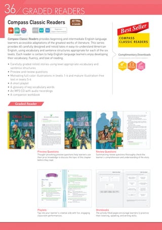 36 GRADED READERS
Compass Classic Readers
Compass Classic Readers provides beginning and intermediate English-language
learners accessible adaptations of the greatest works of literature. This series
provides 60 carefully designed and retold tales in easy-to-understand American
English, using vocabulary and sentence structures appropriate for each of the six
levels. Each reader is certain to help English-language learners enjoy developing
their vocabulary, fluency, and love of reading.
•	Carefully graded retold stories using level appropriate vocabulary and
	 sentence structures
•	Preview and review questions
•	Motivating full-color illustrations in levels 1-4 and mature illustration-free
	 text in levels 5-6
•	A short playlet
•	A glossary of key vocabulary words
•	An MP3 CD with audio recordings
•	A companion workbook
Graded Reader
Complimentary Downloads
compasspub.com/classicreaders
Preview Questions
Thought-provoking preview questions help learners use
their prior knowledge to discuss the topic of the chapter
before they read.
Review Questions
Summarizing review questions thoroughly check the
learner’s comprehension and understanding of the story.
Playlets
Tap into your learner’s creative side with fun, engaging
classroom performances.
Workbooks
The activity-filled pages encourage learners to practice
their listening, speaking, and writing skills.
COMPASS
CLASSIC READERS
STUDENT
LEVEL
Beginner~
Upper Intermediate
 