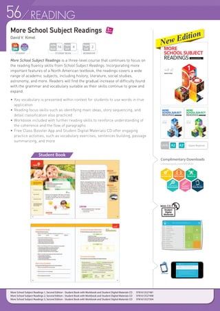 56 READING
More School Subject Readings
David V. Kimel
More School Subject Readings is a three-level course that continues to focus on
the reading fluency skills from School Subject Readings. Incorporating more
important features of a North American textbook, the readings covers a wide
range of academic subjects, including history, literature, social studies,
astronomy, and more. Readers will find the gradual increase of difficulty found
with the grammar and vocabulary suitable as their skills continue to grow and
expand.
• 	Key vocabulary is presented within context for students to use words in true
	application
• 	Reading focus skills such as identifying main ideas, story sequencing, and
	 detail classification also practiced
•	Workbook included with further reading skills to reinforce understanding of
	 the coherence and the flow of paragraphs
• 	Free Class Booster App and Student Digital Materials CD offer engaging
	 practice activities, such as vocabulary exercises, sentences building, passage
	 summarizing, and more
Student Book
Complimentary Downloads
compasspub.com/MSSR2e
LEVEL Upper Beginner
STUDENT WORKBOOK
Pages
Unit
2
STUDENT BOOK
Pages
Unit
4
Units
Book
16
ClassBooster
More School Subject Readings 1, Second Edition - Student Book with Workbook and Student Digital Materials CD 	9781613527481
More School Subject Readings 2, Second Edition - Student Book with Workbook and Student Digital Materials CD 	9781613527498
More School Subject Readings 3, Second Edition - Student Book with Workbook and Student Digital Materials CD 	9781613527504
Student
Digital
Materials
With CD
 