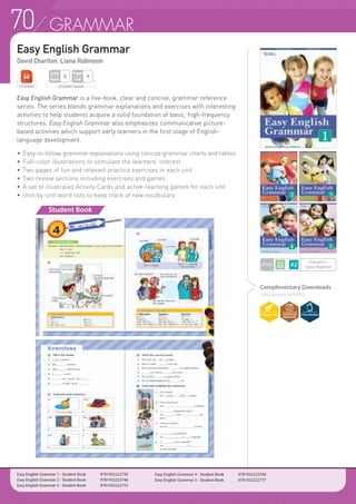 70 GRAMMAR
Easy English Grammar
David Charlton, Liana Robinson
Easy English Grammar is a five-book, clear and concise, grammar reference
series. The series blends grammar explanations and exercises with interesting
activities to help students acquire a solid foundation of basic, high-frequency
structures. Easy English Grammar also emphasizes communicative picture-
based activities which support early learners in the first stage of English-
language development.
•	 Easy-to-follow grammar explanations using concise grammar charts and tables
•	Full-color illustrations to stimulate the learners’ interest
•	Two pages of fun and relevant practice exercises in each unit
•	Two review sections including exercises and games
•	A set of illustrated Activity Cards and active-learning games for each unit
•	Unit-by-unit word lists to keep track of new vocabulary
Student Book
LEVEL
Emergent~
Upper Beginner
Complimentary Downloads
compasspub.com/EEG
STUDENT BOOK
Pages
Unit
4
Units
Book
8
STUDENT
Easy English Grammar 1 - Student Book 	 9781932222739
Easy English Grammar 2 - Student Book 	 9781932222746
Easy English Grammar 3 - Student Book 	 9781932222753
Easy English Grammar 4 - Student Book 	 9781932222760
Easy English Grammar 5 - Student Book 	 9781932222777
 