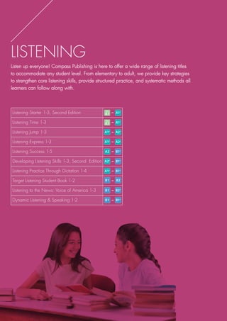 LISTENING
Listen up everyone! Compass Publishing is here to offer a wide range of listening titles
to accommodate any student level. From elementary to adult, we provide key strategies
to strengthen core listening skills, provide structured practice, and systematic methods all
learners can follow along with.
Listening Starter 1-3, Second Edition -
Listening Time 1-3 -
Listening Jump 1-3 -
Listening Express 1-3 -
Listening Success 1-5 -
Developing Listening Skills 1-3, Second Edition -
Listening Practice Through Dictation 1-4 -
Target Listening Student Book 1-2 -
Listening to the News: Voice of America 1-3 -
Dynamic Listening  Speaking 1-2 -
 