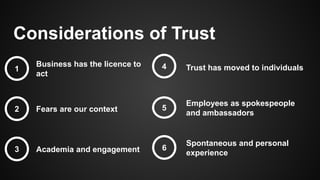 Considerations of Trust
1
2
3
Business has the licence to
act
Fears are our context
4
5
Academia and engagement
Trust has moved to individuals
Employees as spokespeople
and ambassadors
6
Spontaneous and personal
experience
 