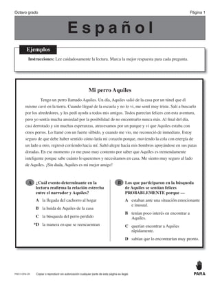 E s p a ñ o l
Ejemplos
Instrucciones: Lee cuidadosamente la lectura. Marca la mejor respuesta para cada pregunta.
Mi perro Aquiles
Tengo un perro llamado Aquiles. Un día, Aquiles salió de la casa por un túnel que él
mismo cavó en la tierra. Cuando llegué de la escuela y no lo vi, me sentí muy triste. Salí a buscarlo
por los alrededores, y les pedí ayuda a todos mis amigos. Todos parecían felices con esta aventura,
pero yo sentía mucha ansiedad por la posibilidad de no encontrarlo nunca más. Al final del día,
casi derrotado y sin muchas esperanzas, atravesamos por un parque y vi que Aquiles estaba con
otros perros. Lo llamé con un fuerte silbido, y cuando me vio, me reconoció de inmediato. Estoy
seguro de que debe haber sentido cómo latía mi corazón porque, moviendo la cola con energía de
un lado a otro, regresó corriendo hacia mí. Saltó alegre hacia mis hombros apoyándose en sus patas
doradas. En ese momento yo me puse muy contento por saber que Aquiles es tremendamente
inteligente porque sabe cuánto lo queremos y necesitamos en casa. Me siento muy seguro al lado
de Aquiles. ¡Sin duda, Aquiles es mi mejor amigo!
●A ¿Cuál evento determinante en la
lectura reafirma la relación estrecha
entre el narrador y Aquiles?
A la llegada del cachorro al hogar
B la huida de Aquiles de la casa
C la búsqueda del perro perdido
*D la manera en que se reencuentran
●B Los que participaron en la búsqueda
de Aquiles se sentían felices
PROBABLEMENTE porque —
A estaban ante una situación emocionante
e inusual.
B tenían poco interés en encontrar a
Aquiles.
C querían encontrar a Aquiles
rápidamente.
D sabían que lo encontrarían muy pronto.
Octavo grado Página 1
Copiar o reproducir sin autorización cualquier parte de esta página es ilegal. PARAPRE17-OP8-CR
 