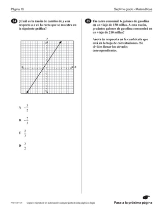 Página 10 Séptimo grado - Matemáticas
Pasa a la próxima páginaCopiar o reproducir sin autorización cualquier parte de esta página es ilegal.
¿Cuál es la razón de cambio de y con
respecto a x en la recta que se muestra en
la siguiente gráfica?
24
y
x
1
2
3
4
5
6
7
8
9
−1
−2
−3
−4
−5
−6
−7
−8
−9
−4−5−6−7−8−9 −3 −2 −1 1 2 3 4 5 6 7 8 90
10
10−10
−10
Un carro consumió 6 galones de gasolina
en un viaje de 150 millas. A esta razón,
¿cuántos galones de gasolina consumirá en
un viaje de 210 millas?
Anota tu respuesta en la cuadrícula que
está en la hoja de contestaciones. No
olvides llenar los círculos
correspondientes.
25
A
B
C
D
3
2
−
2
3
−
2
3
3
2
PRM17-OP7-CR
 