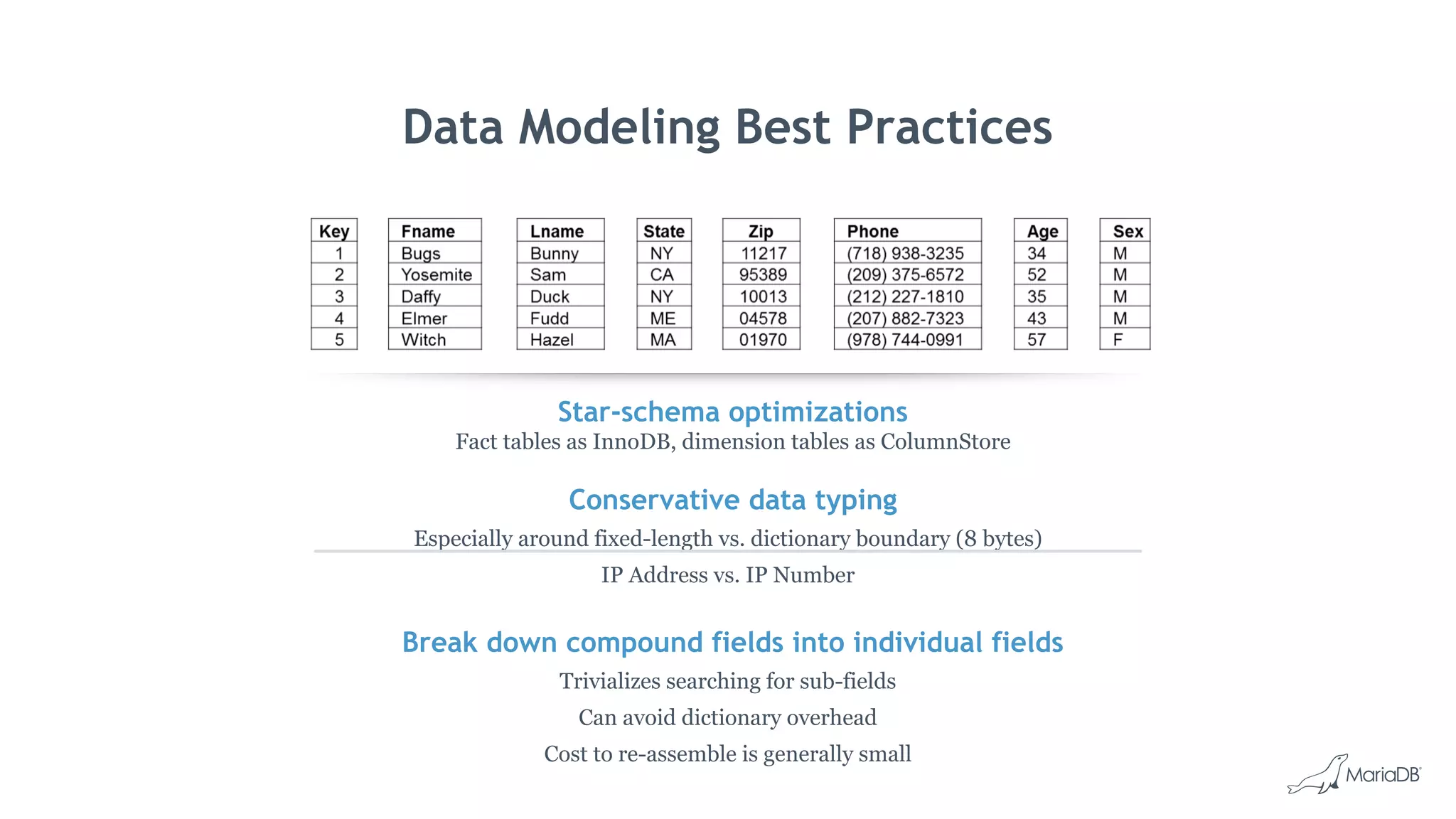 Data Modeling Best Practices
Star-schema optimizations
Fact tables as InnoDB, dimension tables as ColumnStore
Conservative data typing
Especially around fixed-length vs. dictionary boundary (8 bytes)
IP Address vs. IP Number
Break down compound fields into individual fields
Trivializes searching for sub-fields
Can avoid dictionary overhead
Cost to re-assemble is generally small
 