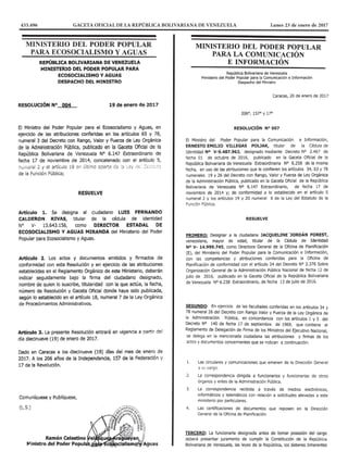 433.496 GACETA OFICIAL DE LA REPÚBLICA BOLIVARIANA DE VENEZUELA		 Lunes 23 de enero de 2017
 