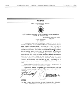 433.498 GACETA OFICIAL DE LA REPÚBLICA BOLIVARIANA DE VENEZUELA		 Lunes 23 de enero de 2017
 