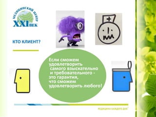 КТО КЛИЕНТ?
Если сможем
удовлетворить
самого взыскательно
и требовательного -
это гарантия,
что сможем
удовлетворить любого!
 