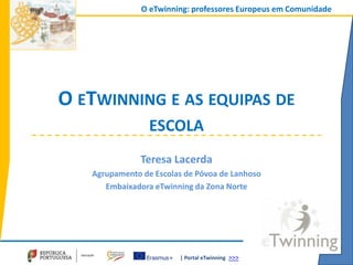 | Portal eTwinning >>>
O eTwinning: professores Europeus em Comunidade
O ETWINNING E AS EQUIPAS DE
ESCOLA
Teresa Lacerda
Agrupamento de Escolas de Póvoa de Lanhoso
Embaixadora eTwinning da Zona Norte
 