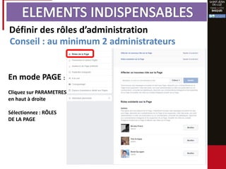 Définir des rôles d’administration
Conseil : au minimum 2 administrateurs
En mode PAGE :
Cliquez sur PARAMETRES
en haut à droite
Sélectionnez : RÔLES
DE LA PAGE
 