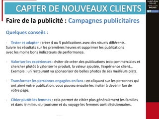 Faire de la publicité : Campagnes publicitaires
Quelques conseils :
- Tester et adapter : créer 4 ou 5 publications avec des visuels différents.
Suivre les résultats sur les premières heures et supprimer les publications
avec les moins bons indicateurs de performance.
- Valoriser les expériences : éviter de créer des publications trop commerciales et
chercher plutôt à valoriser le produit, la valeur ajoutée, l’expérience client…
Exemple : un restaurant va sponsoriser de belles photos de ses meilleurs plats.
- Transformer les personnes engagées en fans : en cliquant sur les personnes qui
ont aimé votre publication, vous pouvez ensuite les inviter à devenir fan de
votre page.
- Cibler plutôt les femmes : cela permet de cibler plus généralement les familles
et dans le milieu du tourisme et du voyage les femmes sont décisionnaires.
 