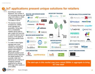 CONFIDENTIAL
IoT applications present unique solutions for retailers
§ According to Juniper
Research, the number of
IoT-connected devices will
reach 38.5 billion in 2020,
a 285% increase from
13.4 billion in 2015
§ The devices include
smartphones, tablets,
smart signage and
wearables. Using data
from a smartwatch,
retailers will be able to
gain insight into how long
a customer stands near a
product, or the speed at
which they wander down
the aisle
§ To make in-store digital
signage even more
interactive, avant-garde
retailers are integrating
beacon technology to
detect users with
Bluetooth-enabled smart
devices as they approach
the digital displays. For
example: Zatar and
Samsung are creating an
engaging customer
experience by affixing
RFID tags within labels on
wine bottles
The start-ups in this market map have raised $900m in aggregate to bring
IoT into retail
Source: CB Insights 21
7
 