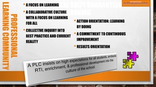ONE CULTURAL SHIFT GUARANTEED
TO IMPROVE LEARNING
PROFESSIONAL
LEARNINGCOMMUNITY •A FOCUS ON LEARNING
•A COLLABORATIVE CULTURE
WITH A FOCUS ON LEARNING
FOR ALL
•COLLECTIVE INQUIRY INTO
BEST PRACTICE AND CURRENT
REALITY
•ACTION ORIENTATION: LEARNING
BY DOING
•A COMMITMENT TO CONTINUOUS
IMPROVEMENT
•RESULTS ORIENTATION
 