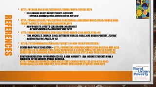 • HTTP://MY.AASA.ORG/AASA/RESOURCES/SAMAG/MAY16/GORSKI.ASPX
• RE-EXAMINING BELIEFS ABOUT STUDENTS IN POVERTY
BY PAUL C. GORSKI/SCHOOLADMINISTRATOR,MAY 2016
• HTTP://WWW.ASCD.ORG/PUBLICATIONS/EDUCATIONAL-LEADERSHIP/MAY13/VOL70/NUM08/HOW-
POVERTY-AFFECTS-CLASSROOM-ENGAGEMENT.ASPX
• HOW POVERTY AFFECTS CLASSROOM ENGAGEMENT
BY ERIC JENSEN/ED LEADERSHIP, MAY 2013
• HTTP://WWW.PAGETURNPRO.COM/AASA/70957-MARCH-2016/INDEX.HTML#40
• TINE, MICHELE T. (MARCH 2106). DIFFERENT WORLDS: RURAL AND URBAN POVERTY. SCHOOL
ADMINISTRATOR, PAGES 38-40.
• HTTPS://NYSCOMMUNITYACTION.ORG/POVERTY-IN-NEW-YORK/POVERTYDATA/
• CENTER FOR PUBLIC EDUCATION – HTTP://WWW.CENTERFORPUBLICEDUCATION.ORG/YOU-MAY-ALSO-
BE-INTERESTED-IN-LANDING-PAGE-LEVEL/ORGANIZING-A-SCHOOL-YMABI/THE-UNITED-STATES-OF-
EDUCATION-THE-CHANGING-DEMOGRAPHICS-OF-THE-UNITED-STATES-AND-THEIR-SCHOOLS.HTML
• SOUTHERN EDUCATION FOUNDATION (2015). A NEW MAJORITY: LOW INCOME STUDENTS NOW A
MAJORITY IN THE NATION’S PUBLIC SCHOOLS.
HTTP://WWW.SOUTHERNEDUCATION.ORG/GETATTACHMENT/4AC62E27-5260-47A5-9D02-
14896EC3A531/A-NEW-MAJORITY-2015-UPDATE-LOW-INCOME-STUDENTS-NOW.ASPX
REFERENCES
 