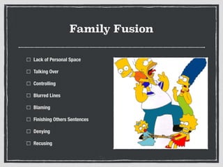 Family Fusion
Lack of Personal Space
Talking Over
Controlling
Blurred Lines
Blaming
Finishing Others Sentences
Denying
Recusing
 