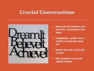 Crucial Conversations
When goals are deﬁned by your
loved one , Conversations have
begun
Compliments _positive Verb or
reaction to seeing your loved
one
Indirect-The color of your shirt
is lovely
Self Compliment-I am proud
ofgoing to Alanon
 