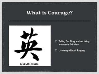 What is Courage?
Telling Our Story and not being
Immune to Criticism
Listening without Judging
 