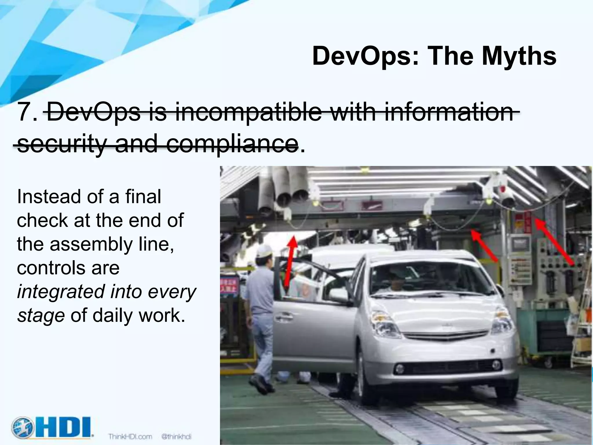 7. DevOps is incompatible with information
security and compliance.
DevOps: The Myths
Instead of a final
check at the end of
the assembly line,
controls are
integrated into every
stage of daily work.
 