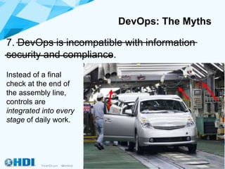 7. DevOps is incompatible with information
security and compliance.
DevOps: The Myths
Instead of a final
check at the end of
the assembly line,
controls are
integrated into every
stage of daily work.
 