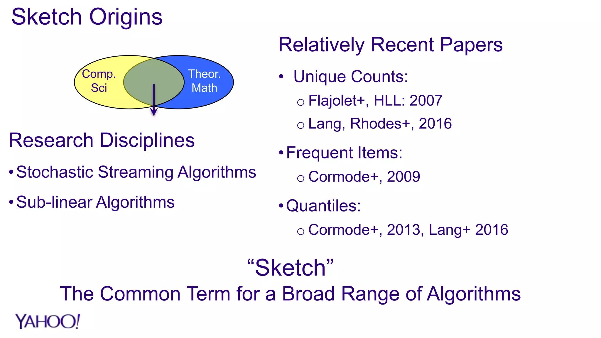 Sketch Origins
Theor.
Math
Comp.
Sci
“Sketch”
The Common Term for a Broad Range of Algorithms
Research Disciplines
•Stochastic Streaming Algorithms
•Sub-linear Algorithms
Relatively Recent Papers
• Unique Counts:
o Flajolet+, HLL: 2007
o Lang, Rhodes+, 2016
•Frequent Items:
o Cormode+, 2009
•Quantiles:
o Cormode+, 2013, Lang+ 2016
 